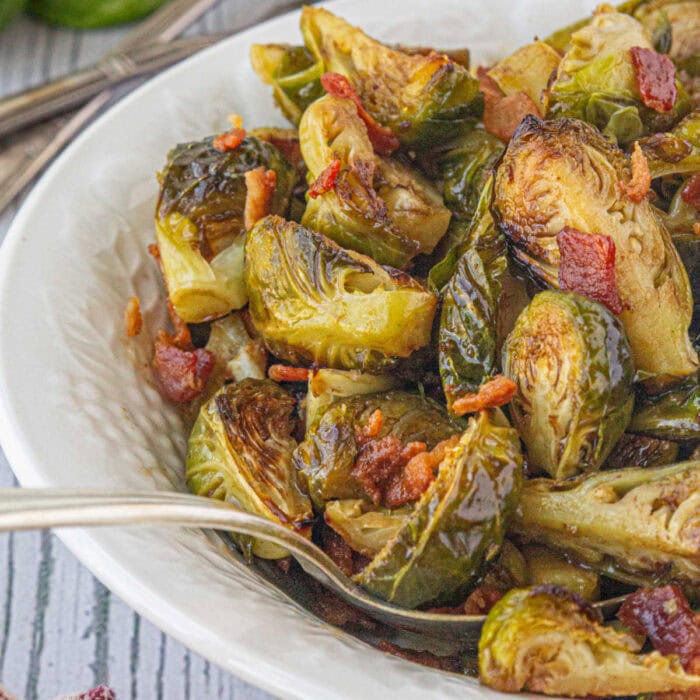 Brussels sprouts in a serving bowl.