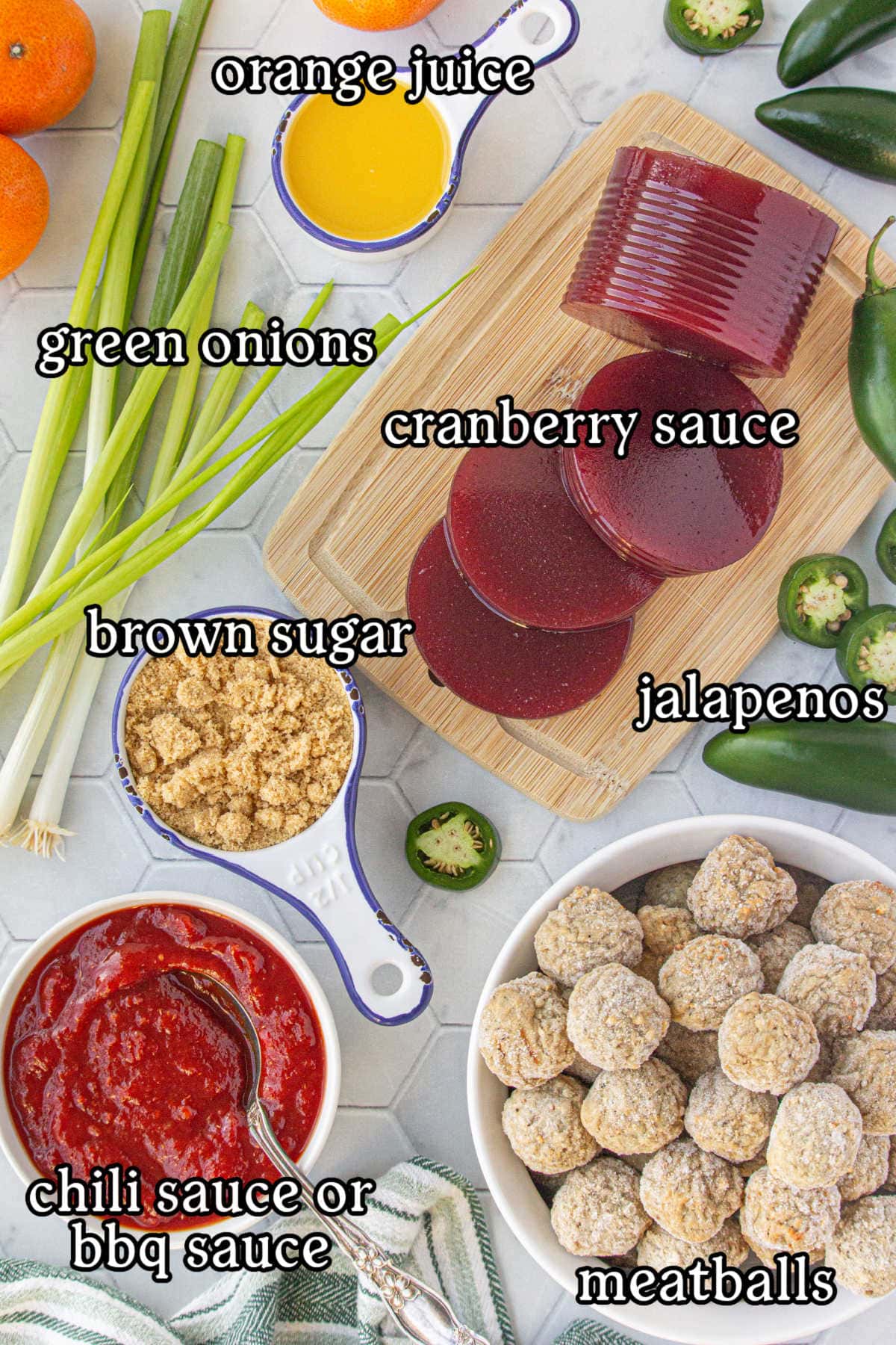 Labeled ingredients for cranberry meatballs recipe.