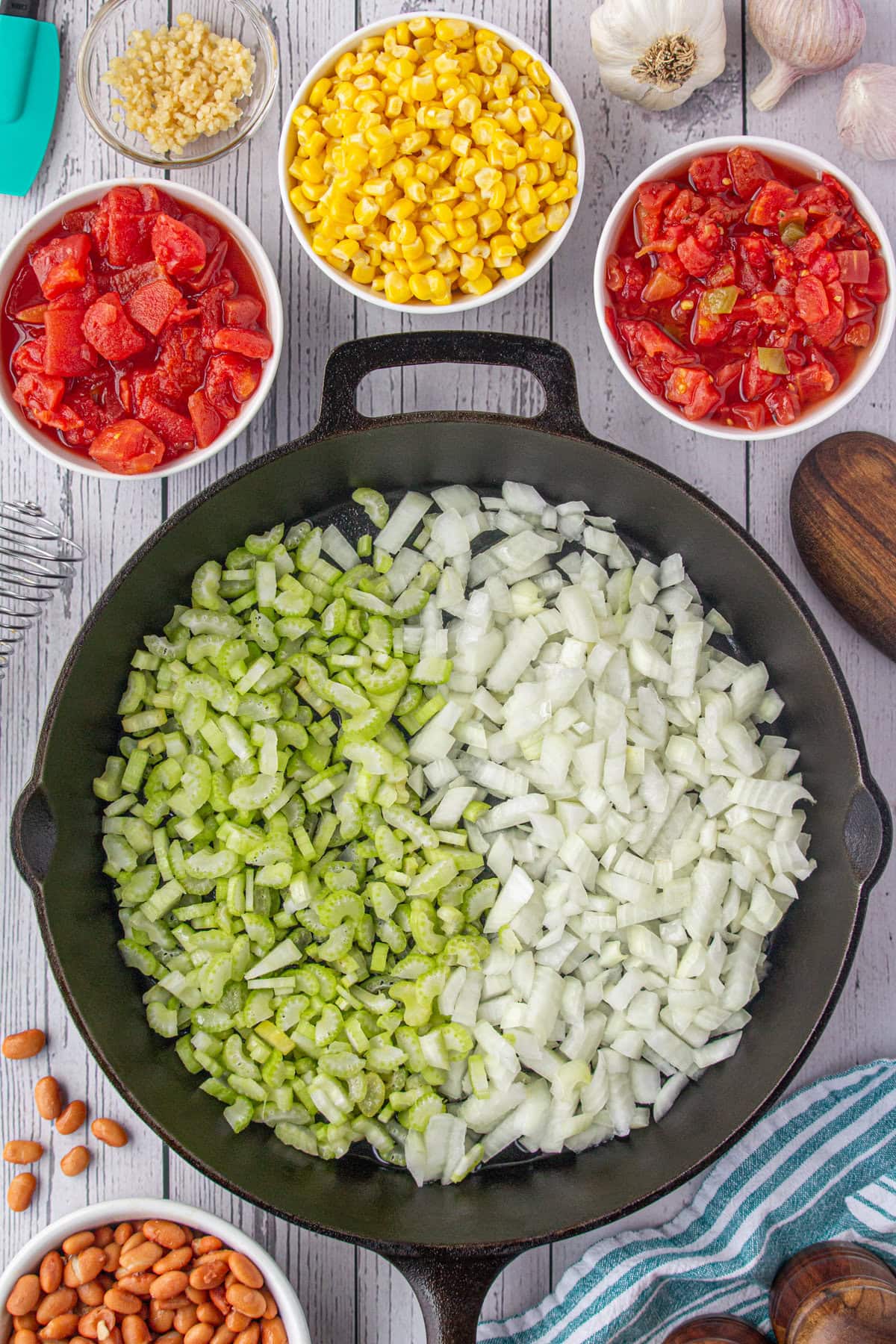 Onions and celery in skillet.