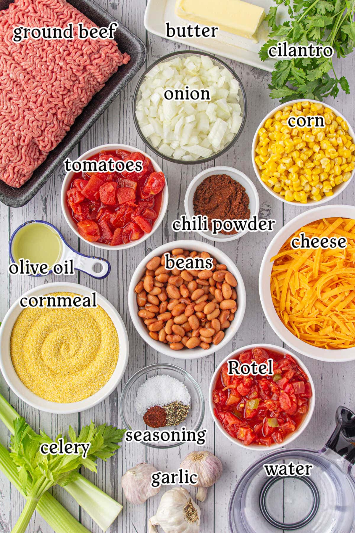 Labeled ingredients for tamale pie.