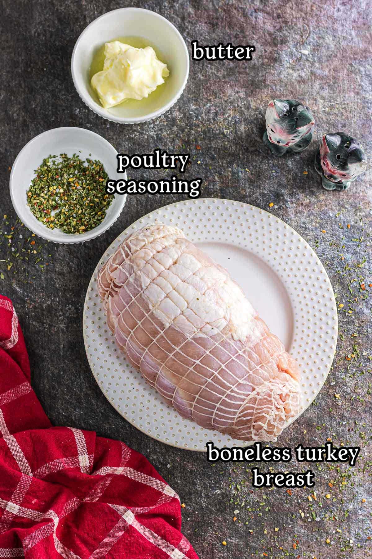 The turkey, seasoning, and butter with text overlays.