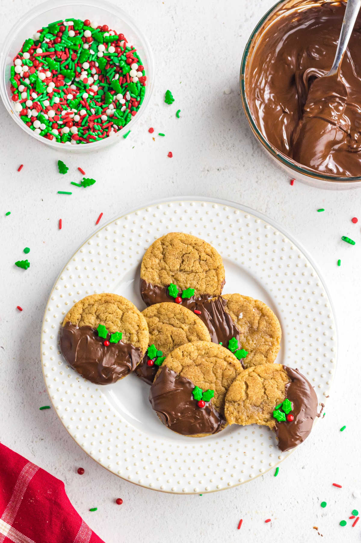 Cinnamon cookies decorated with chocolate and holiday sprinkles on a white plate.