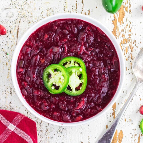 Overhead view of the bowl of cranberry sauce used for the feature image.