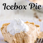 Slice of sweet potato pie on a plate with title text overlay for Pinterest.