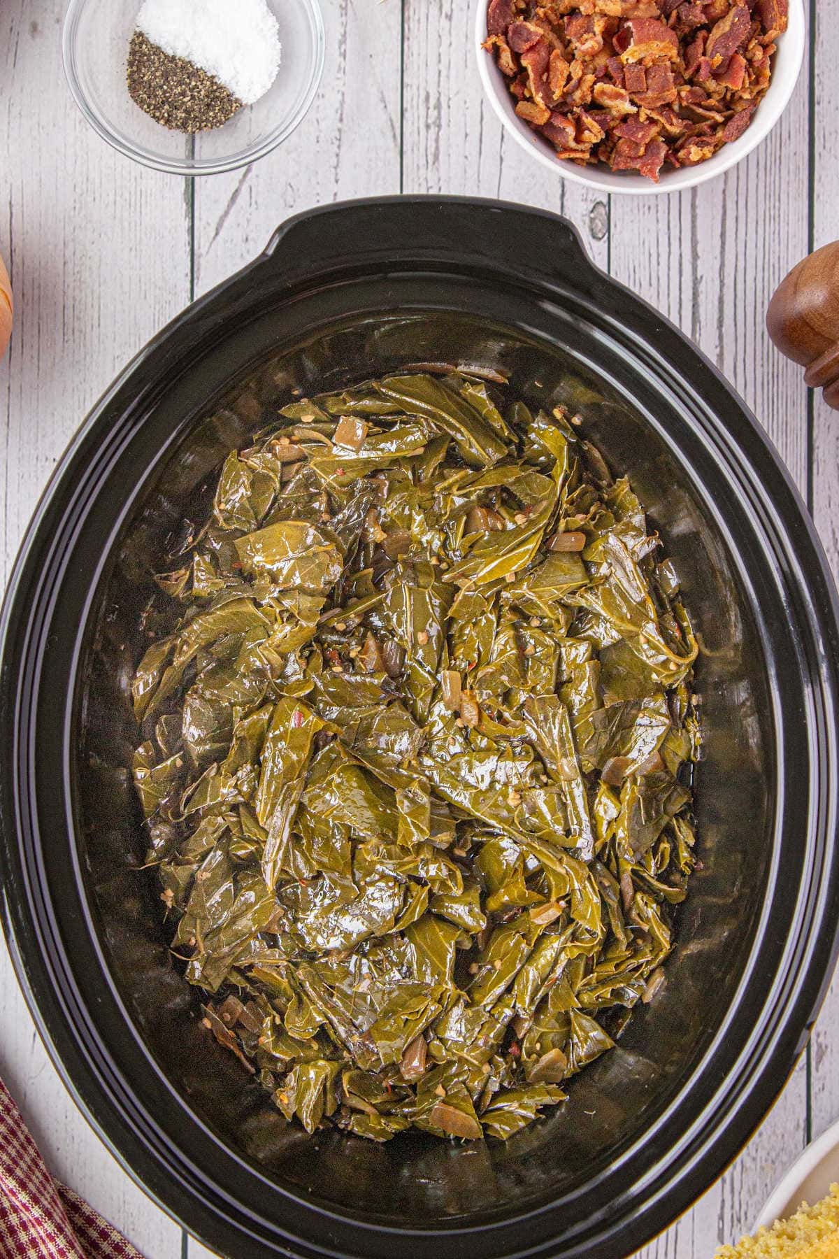 Finished collard greens in the slow cooker.