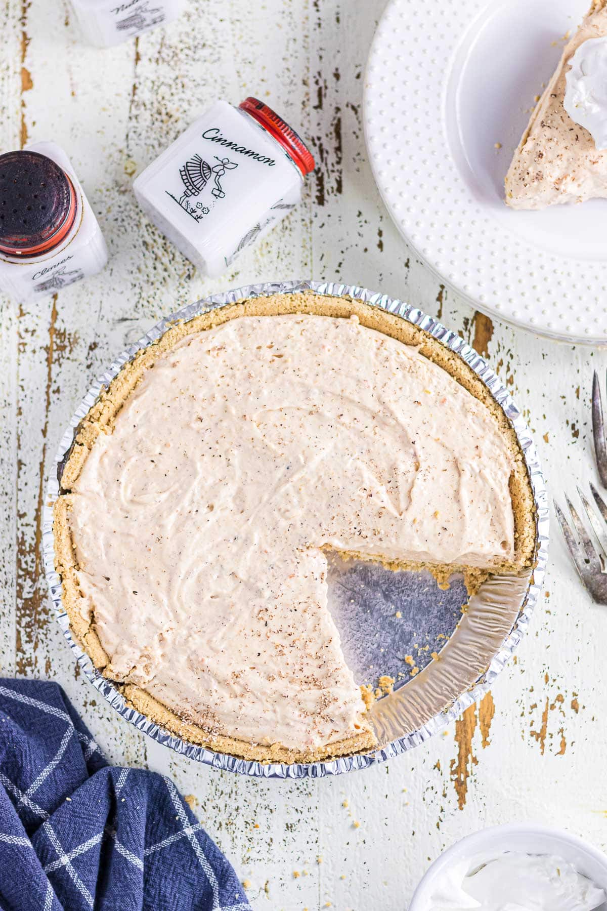 An overhead photo of no bake sweet potato icebox pie with a slice removed.