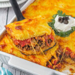 Closeup of a serving of tamale pie.