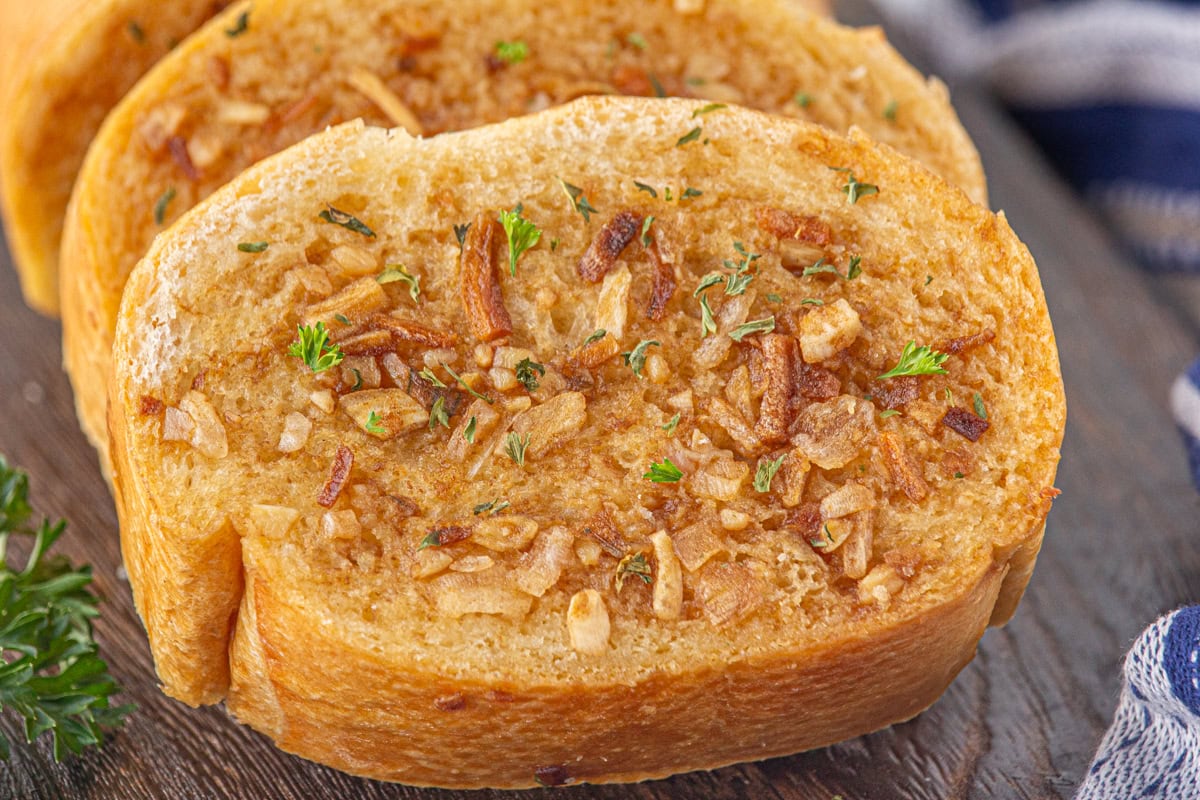 Close up of French onion garlic bread.