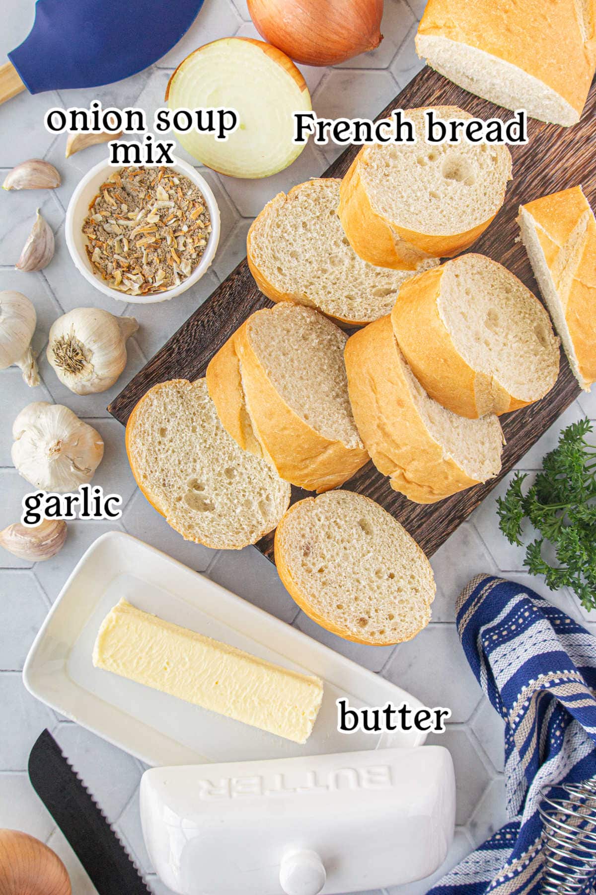 French onion garlic bread ingredients with text overlay.