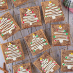 Close up of holiday decorated snickerdoodle cookie bars.