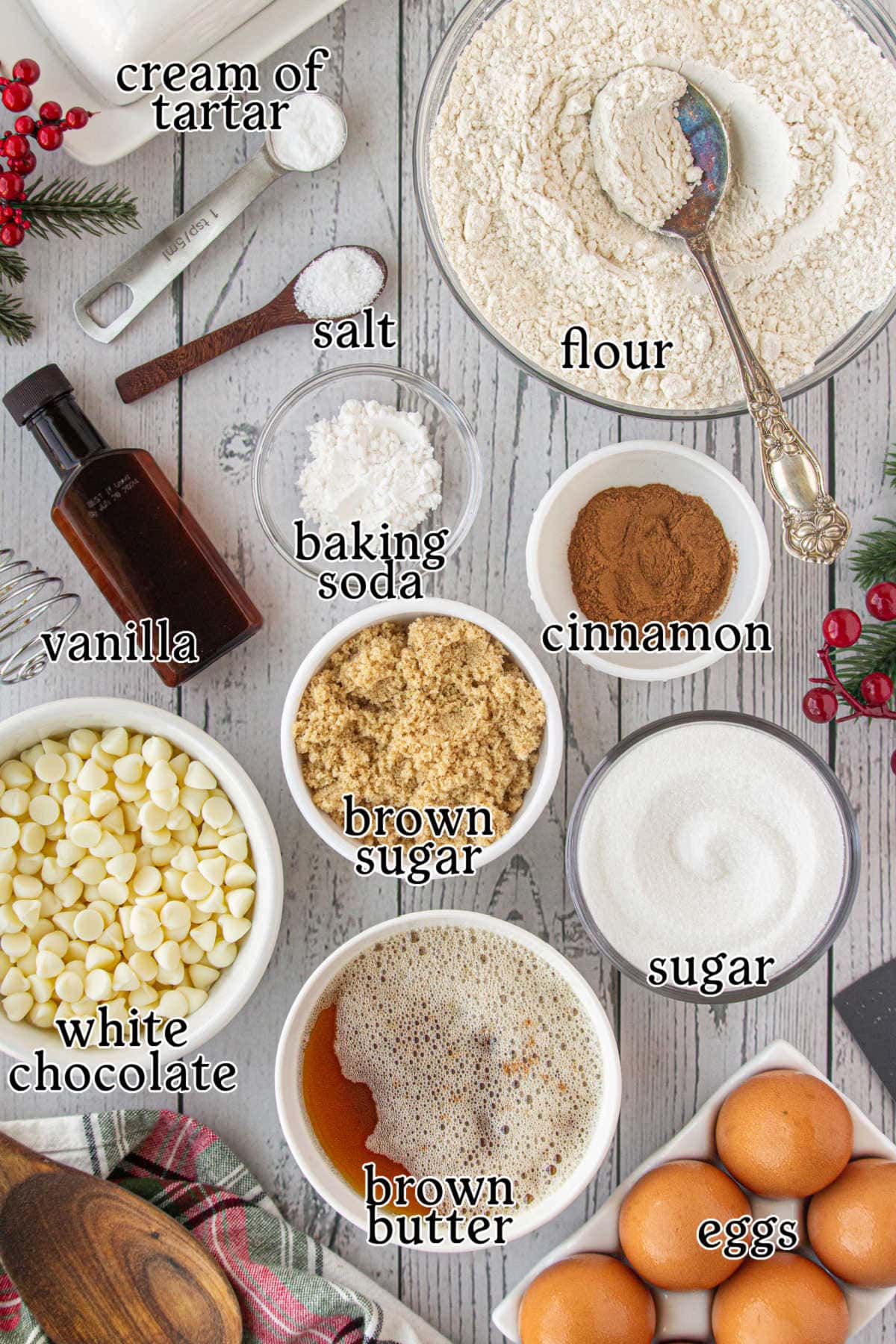 Snickerdoodle cookie bar ingredients with text labels.