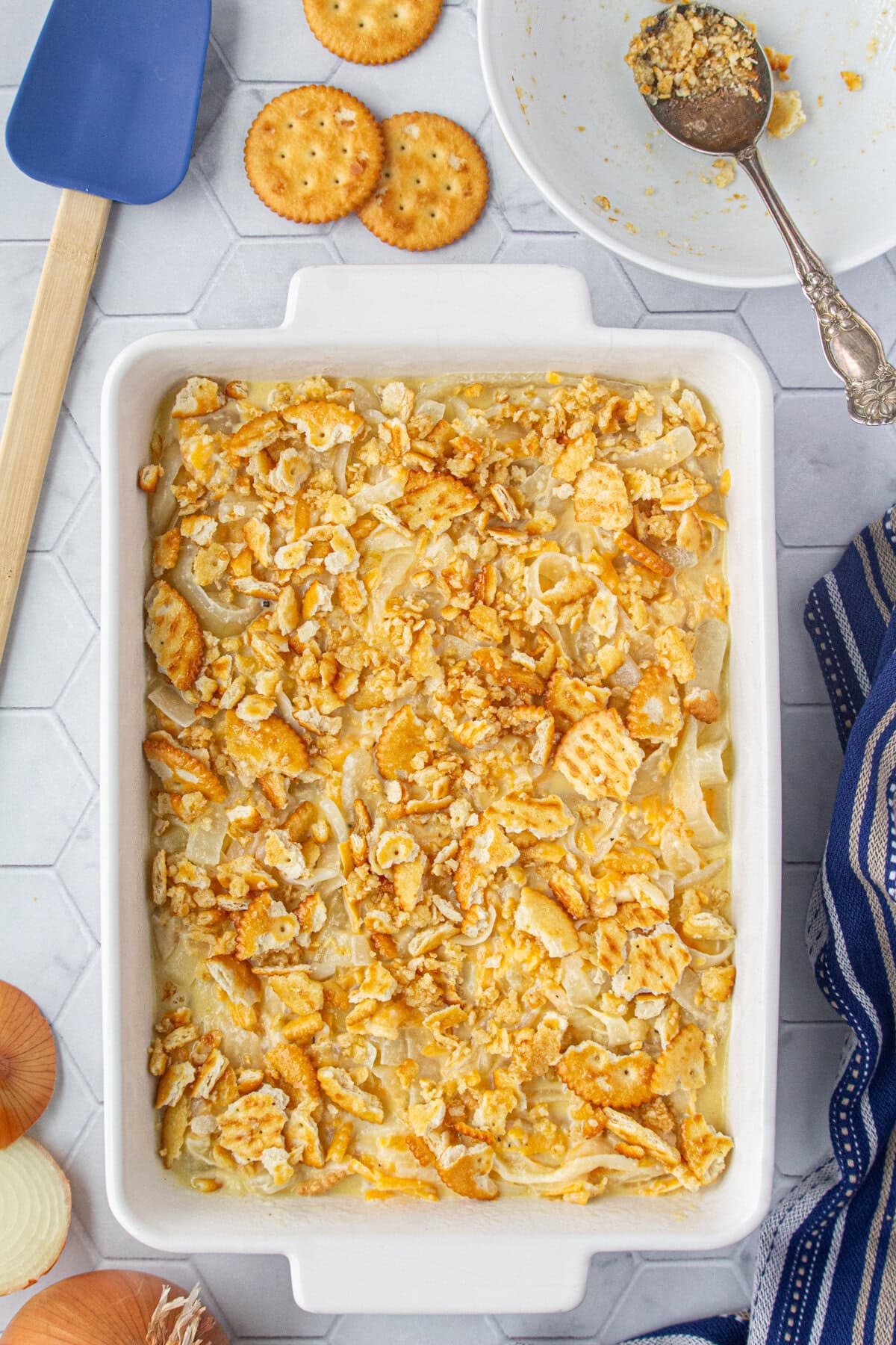 The prepared Southern sweet onion casserole ready to bake