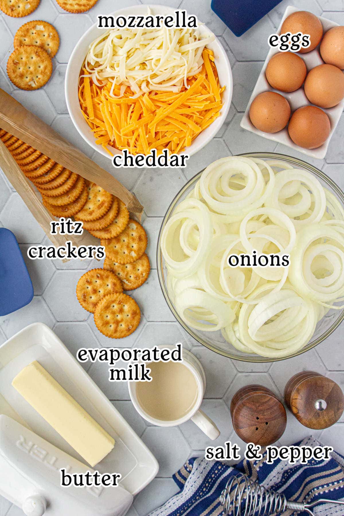 Southern sweet onion casserole ingredients with text labels.