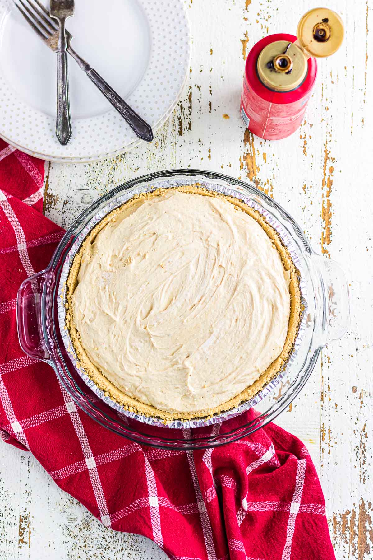 The no-bake peanut butter ice box pie viewed from the top.