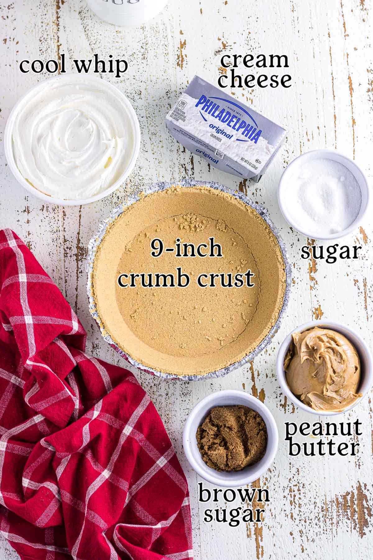 No-bake peanut butter icebox pie ingredients with text labels.