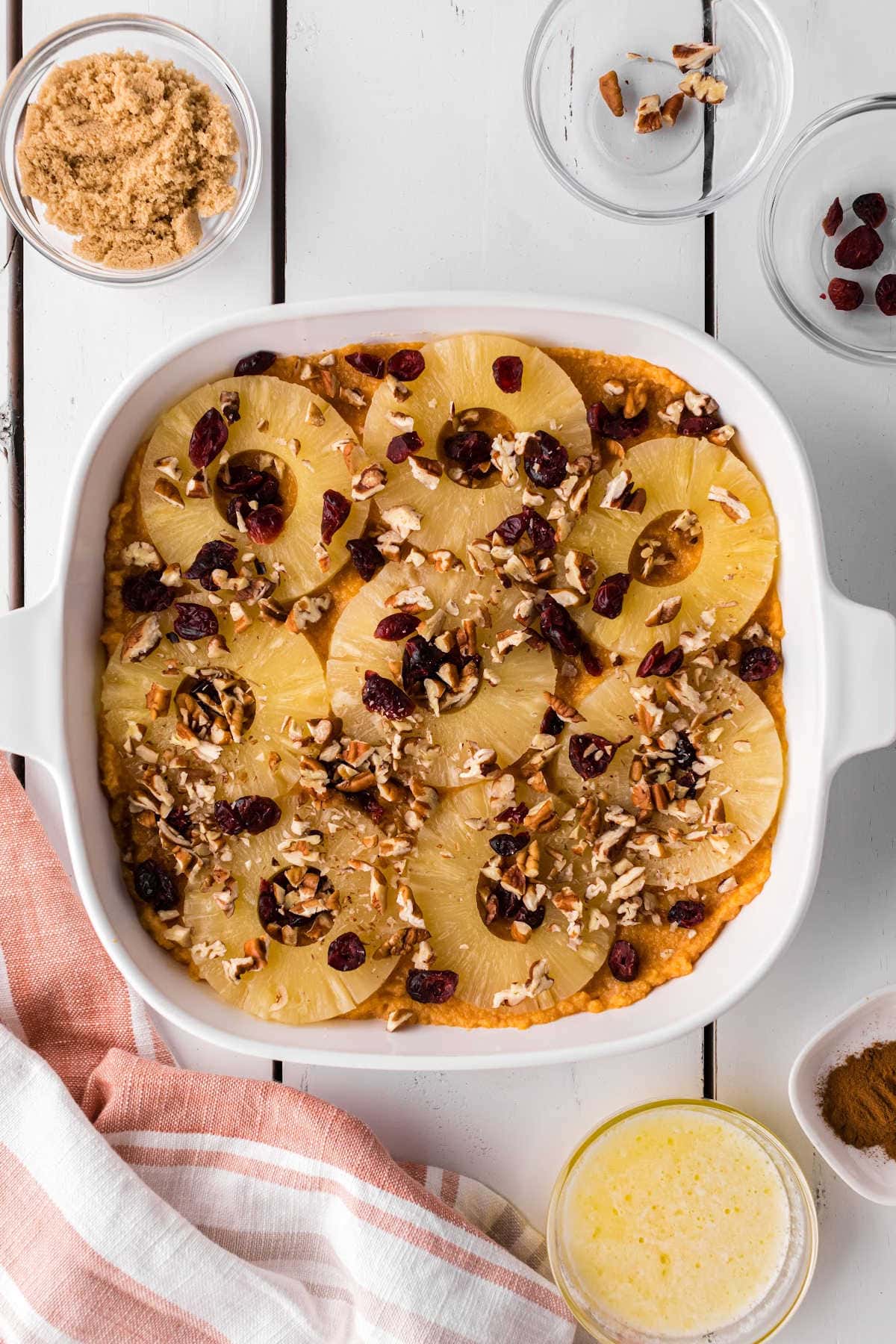 Pecans and dried cranberries added over the pineapple.