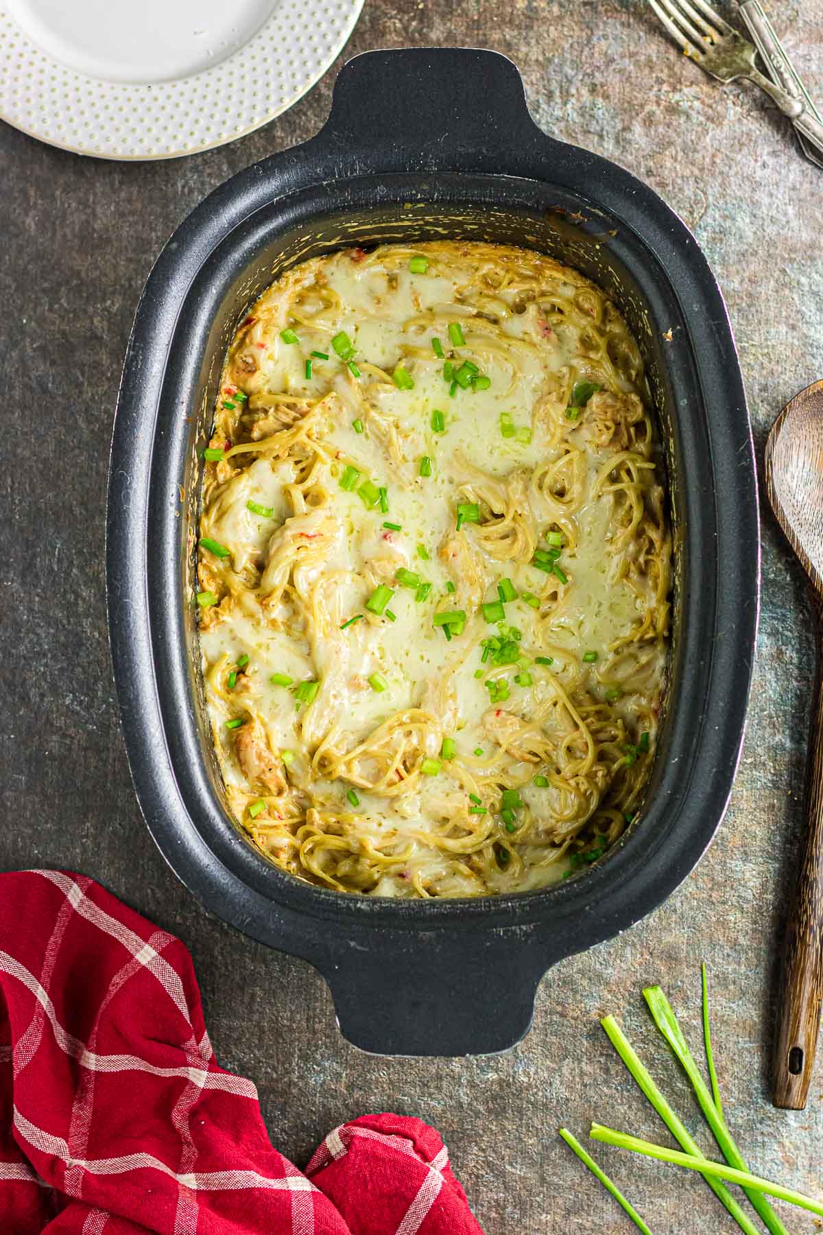 The chicken tetrazzini in the slow cooker.