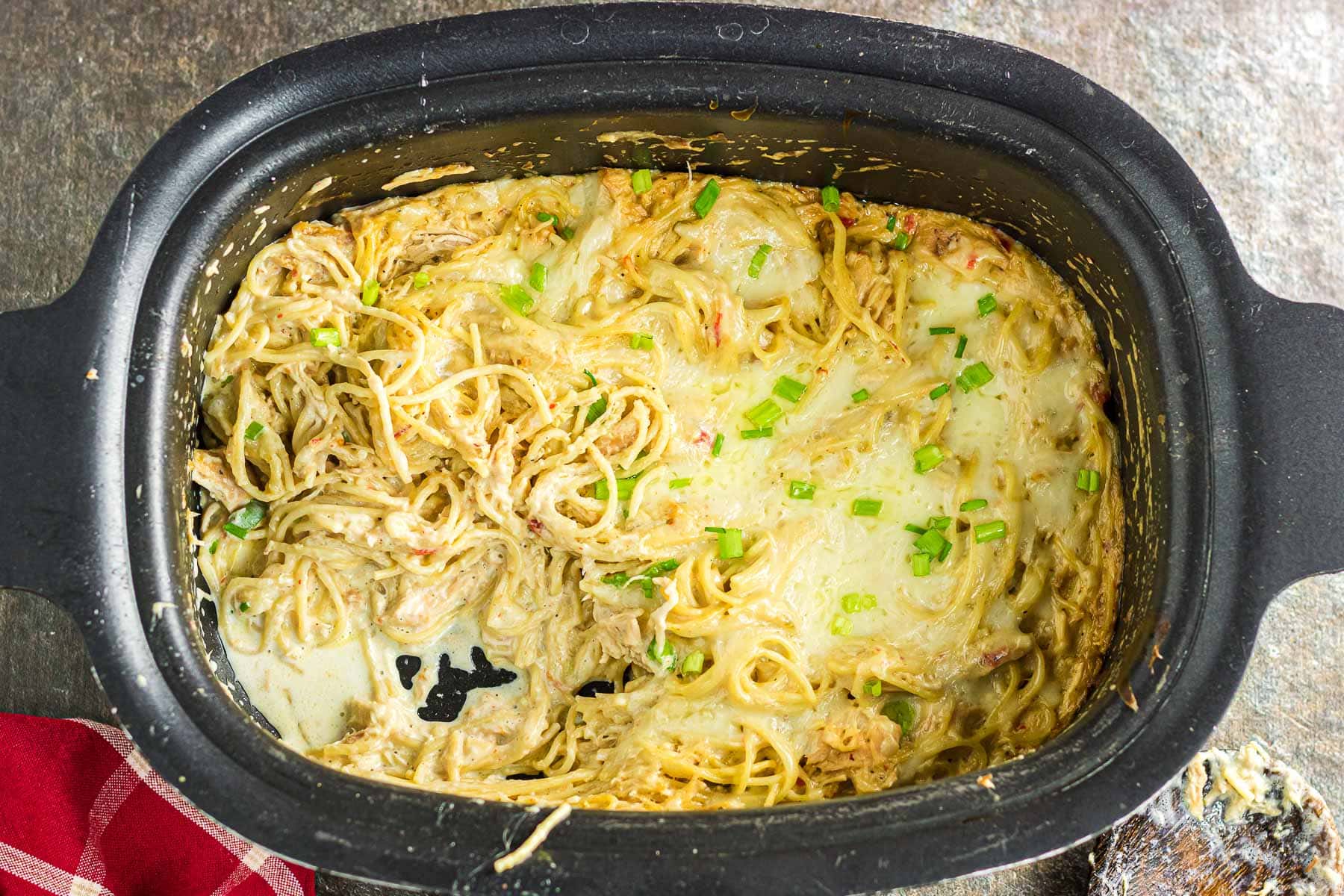 Overhead view of chicken tetrazzini in the slow cooker.