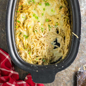 Creamy chicken tetrazzini in a slow cooker.