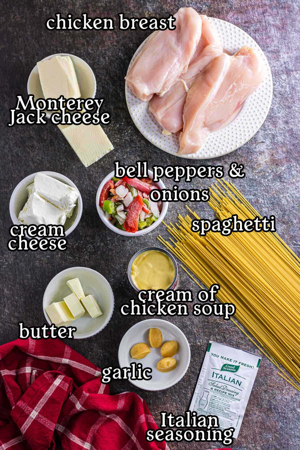 Slow cooker chicken tetrazzini ingredients with text labels.