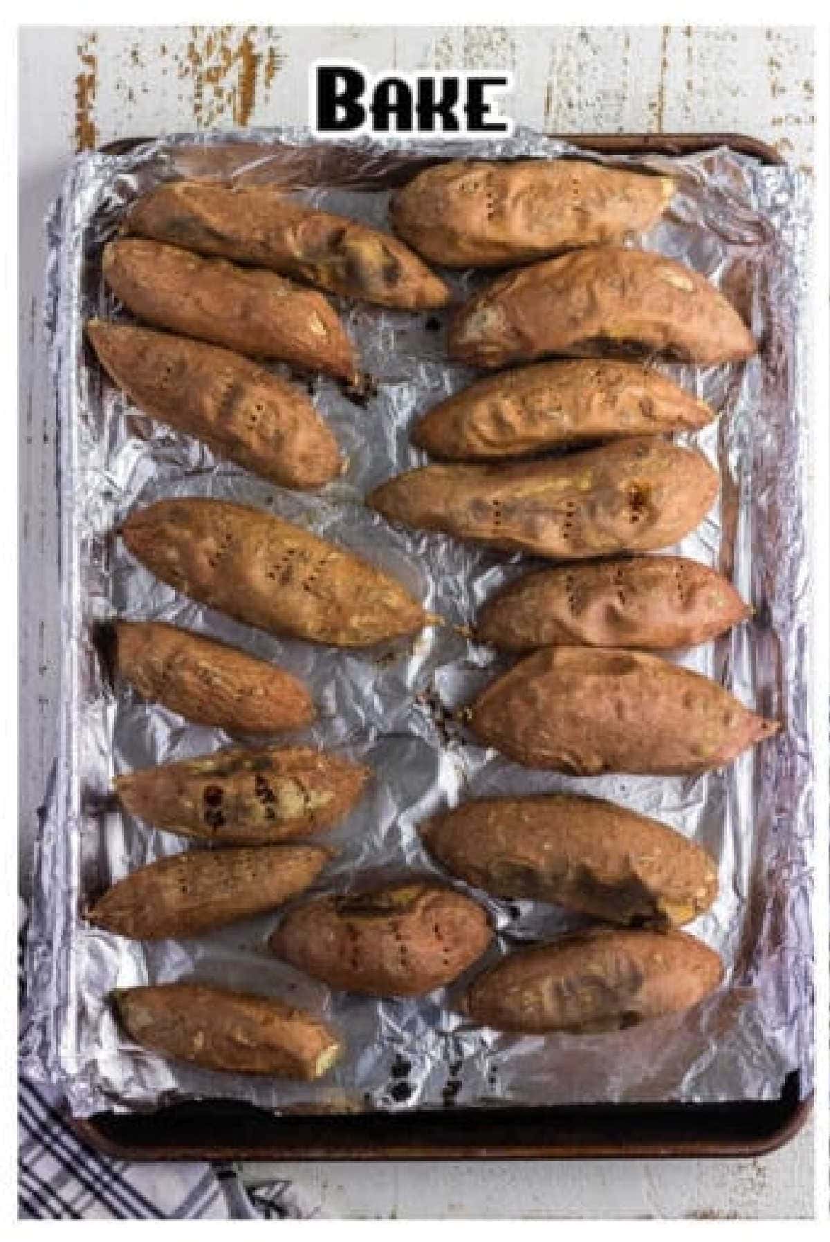 Baked sweet potatoes on a sheet pan.