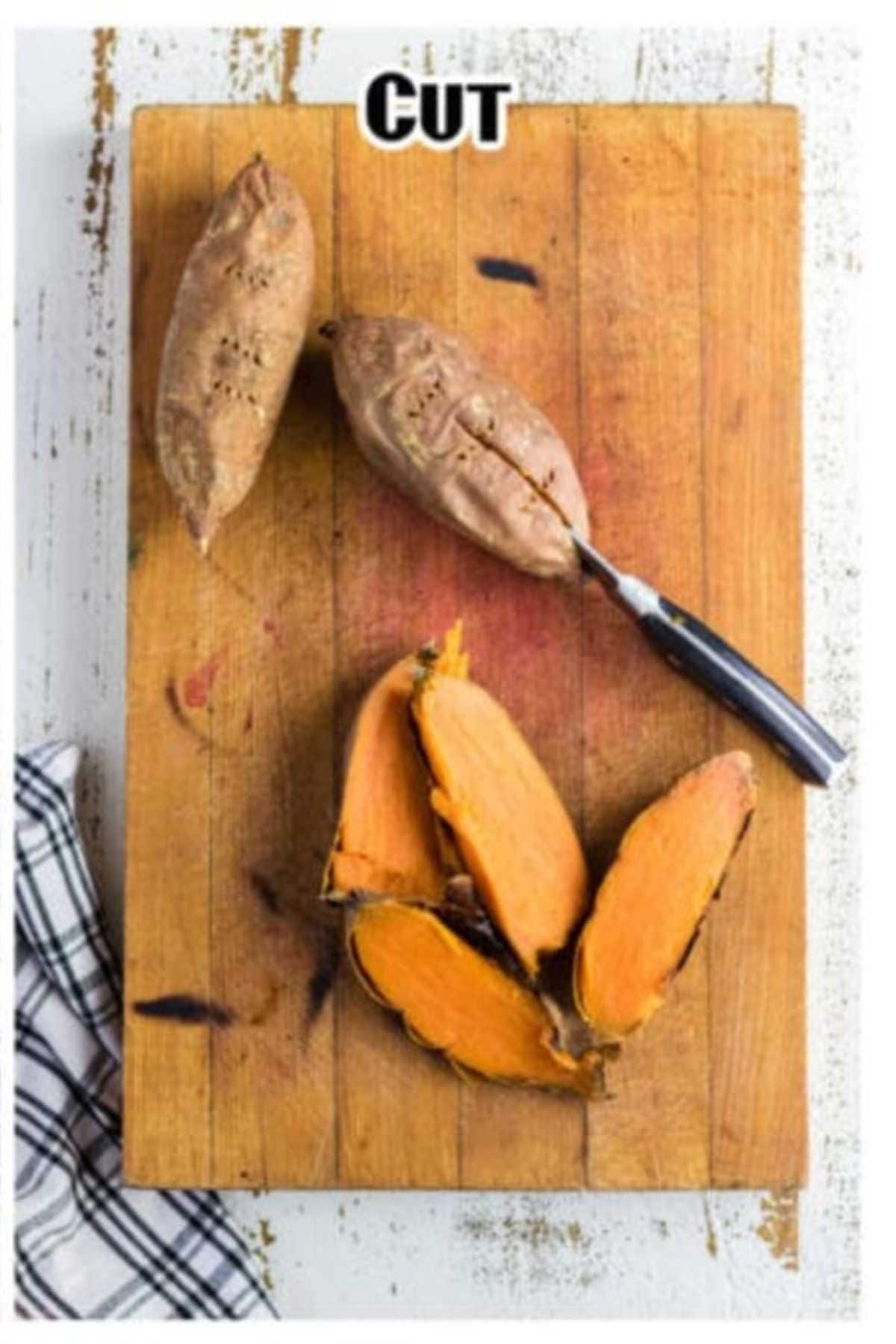 Baked sweet potatoes sliced in half.