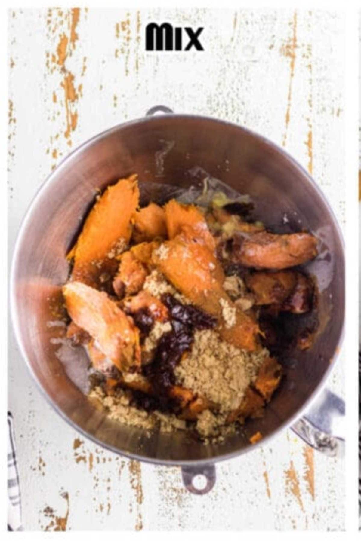 Sweet potatoes being whipped with the remaining ingredients.