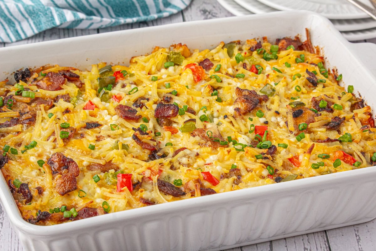 Amish breakfast casserole in a white casserole dish.