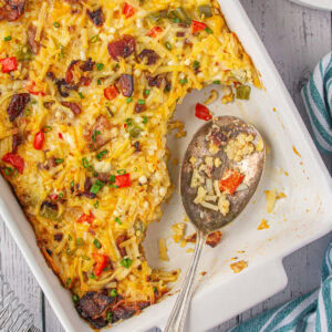 Amish breakfast casserole in a white dish.