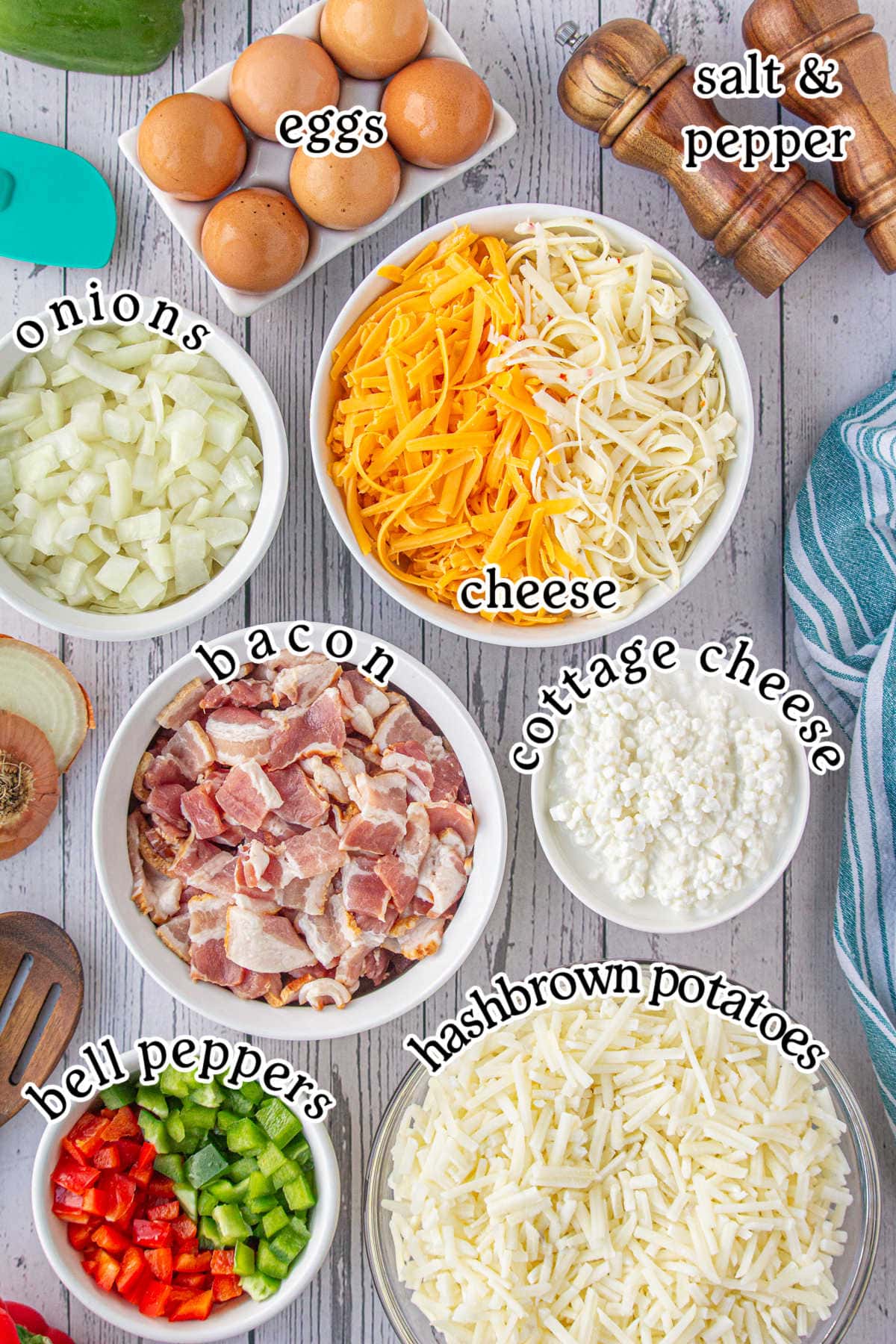 Amish breakfast casserole ingredients with text overlay.