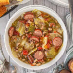 Overhead view of a bowl of soup.