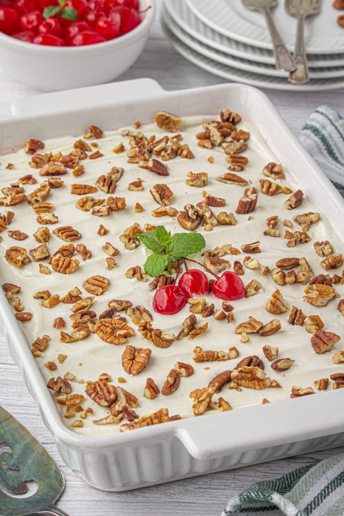 The cherry salad in a casserole dish from an angled view.