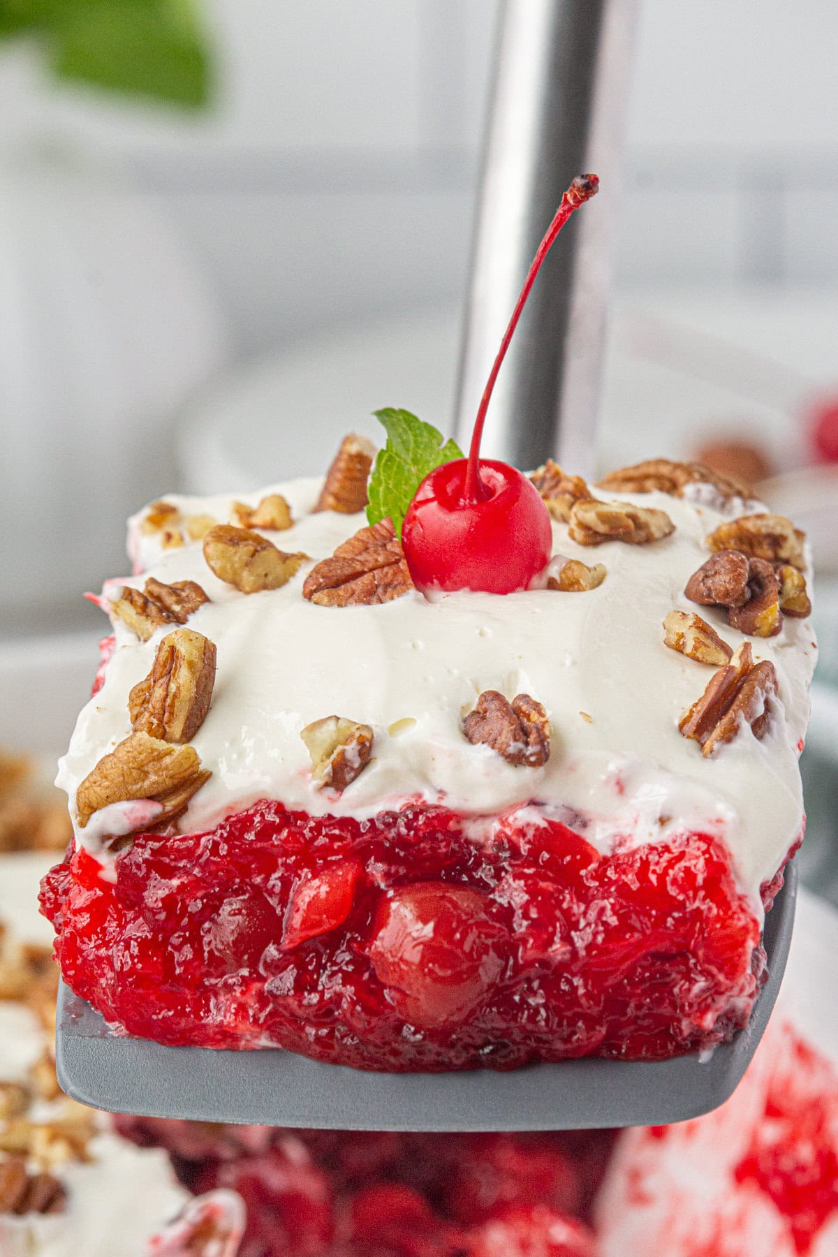 A close-up view of a scoop of cherry salad on a spatula.