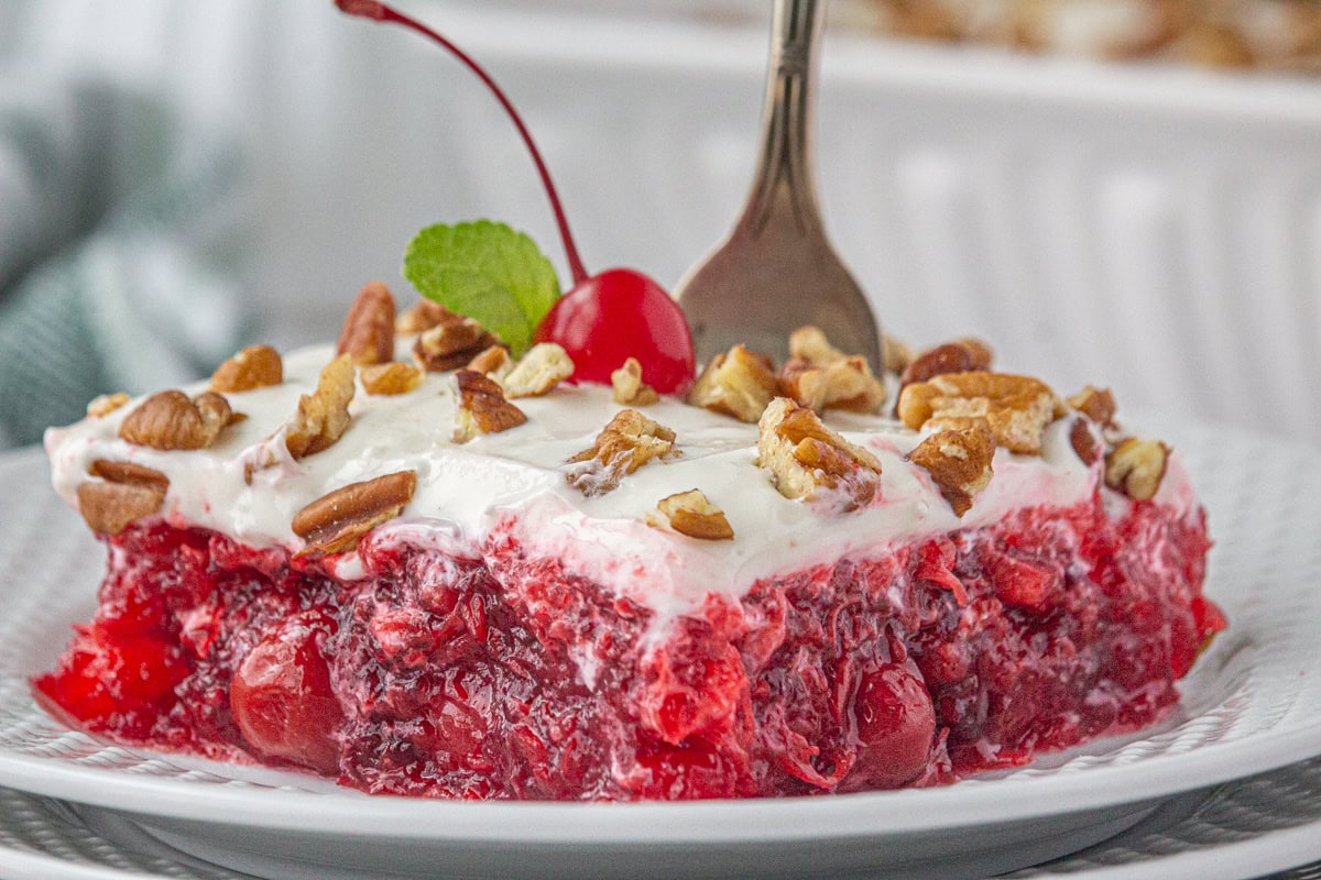 A serving of old-fashioned cherry salad on a plate.