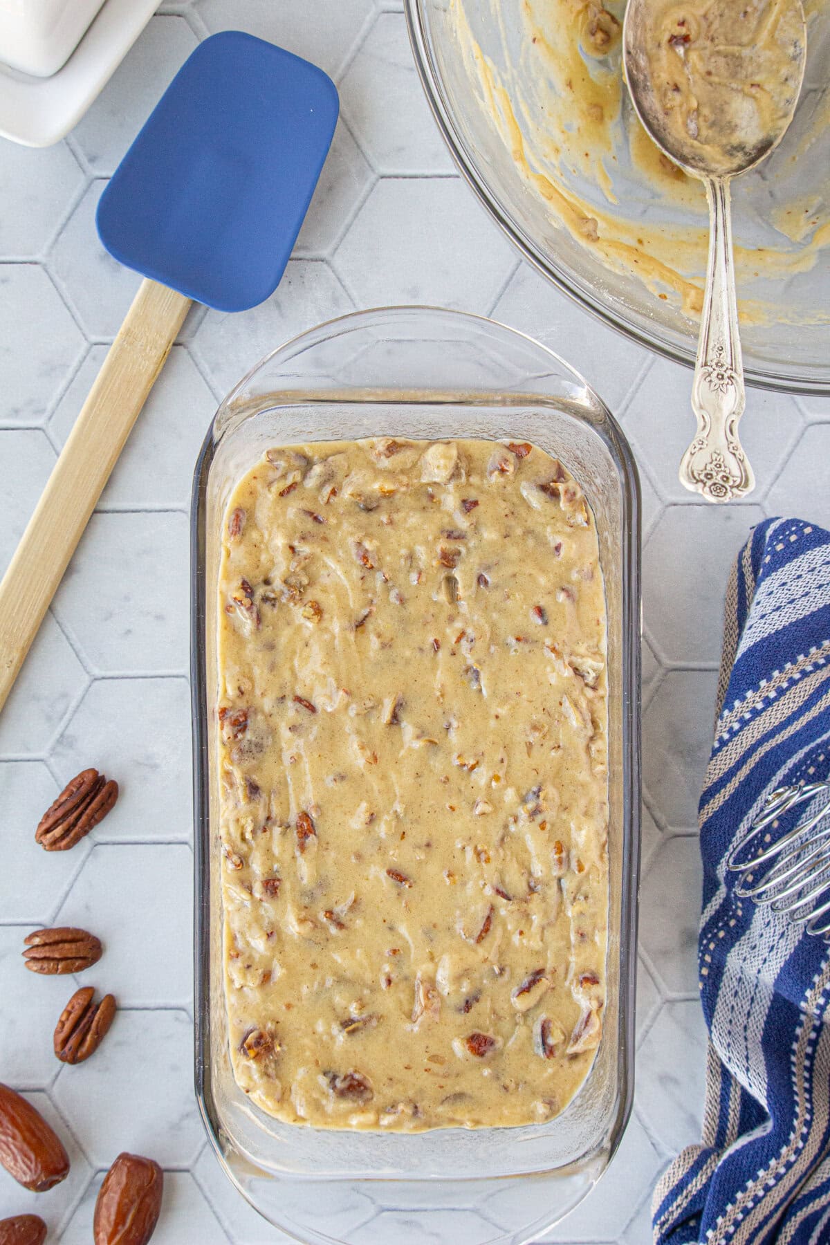 The batter spread in a baking dish.