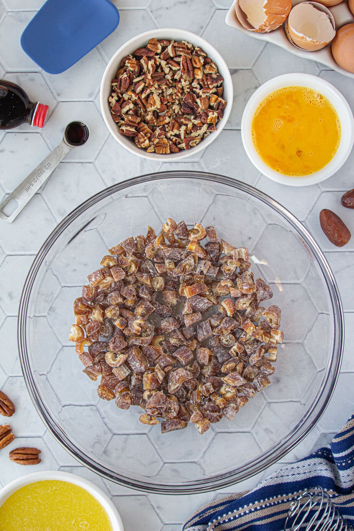 The chopped dates in a large bowl.