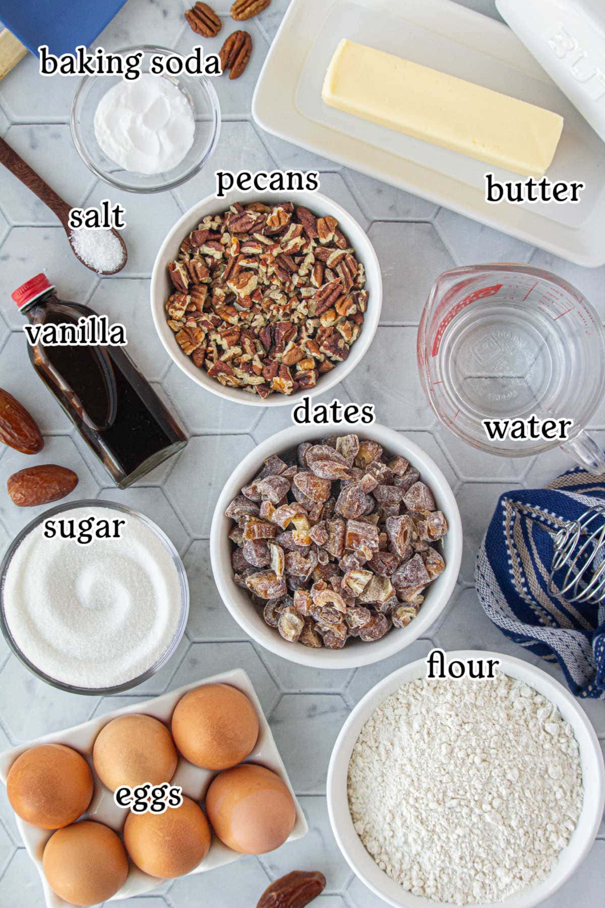 Date nut bread ingredients with text labels.