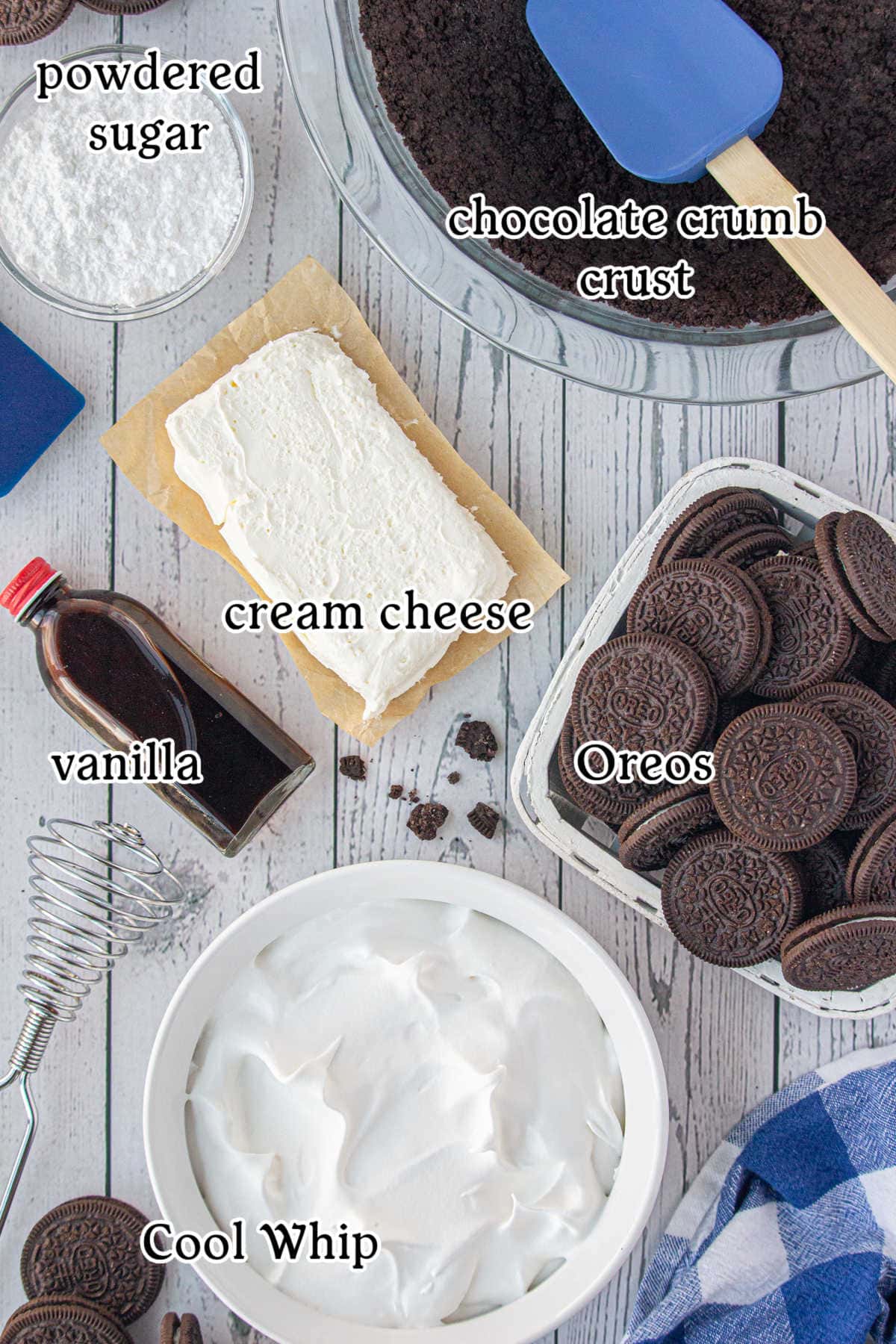 Labeled ingredients for Oreo icebox pie.