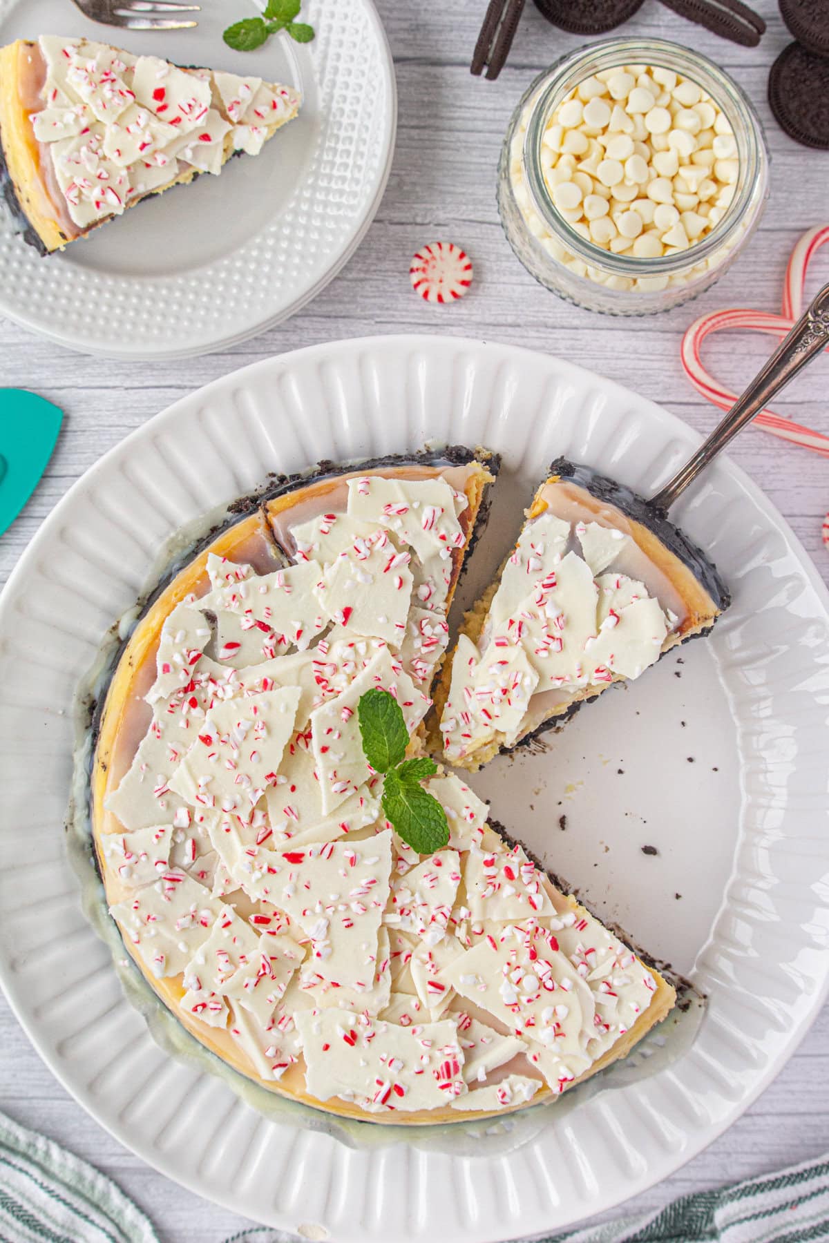 Overhead view of peppermint bark cheesecake.