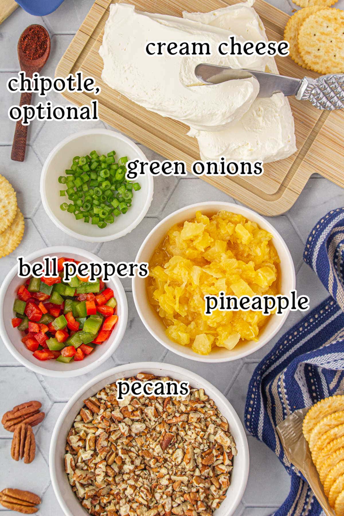 Labeled ingredients for the pineapple cheese ball.