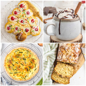 A collage of images of brunch ideas which include homemade danish and quiche.