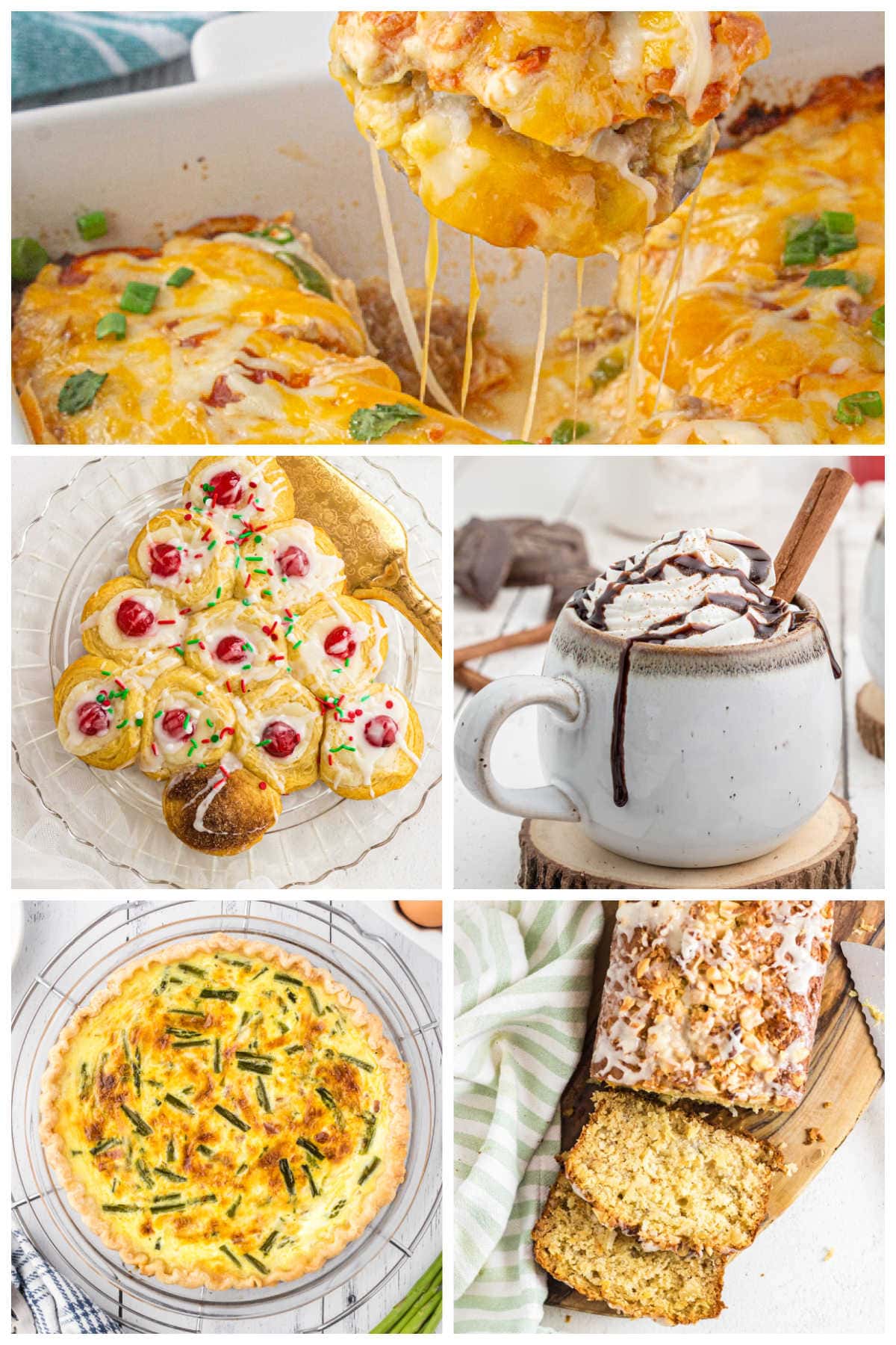 A collage of brunch foods including burrito casserole, quiche, and banana bread.