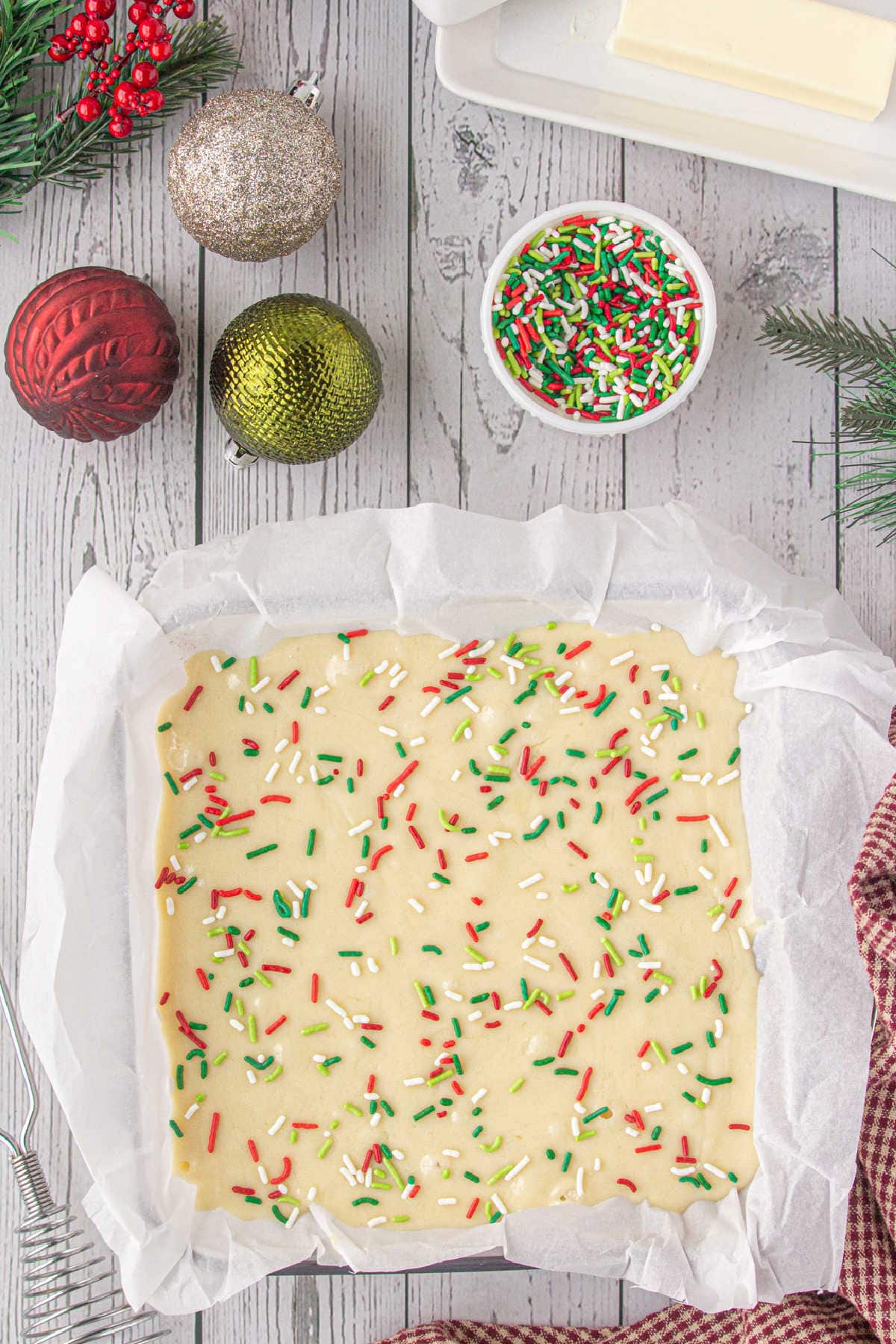 Finished Christmas Cookie Fudge with green and red sprinkles.