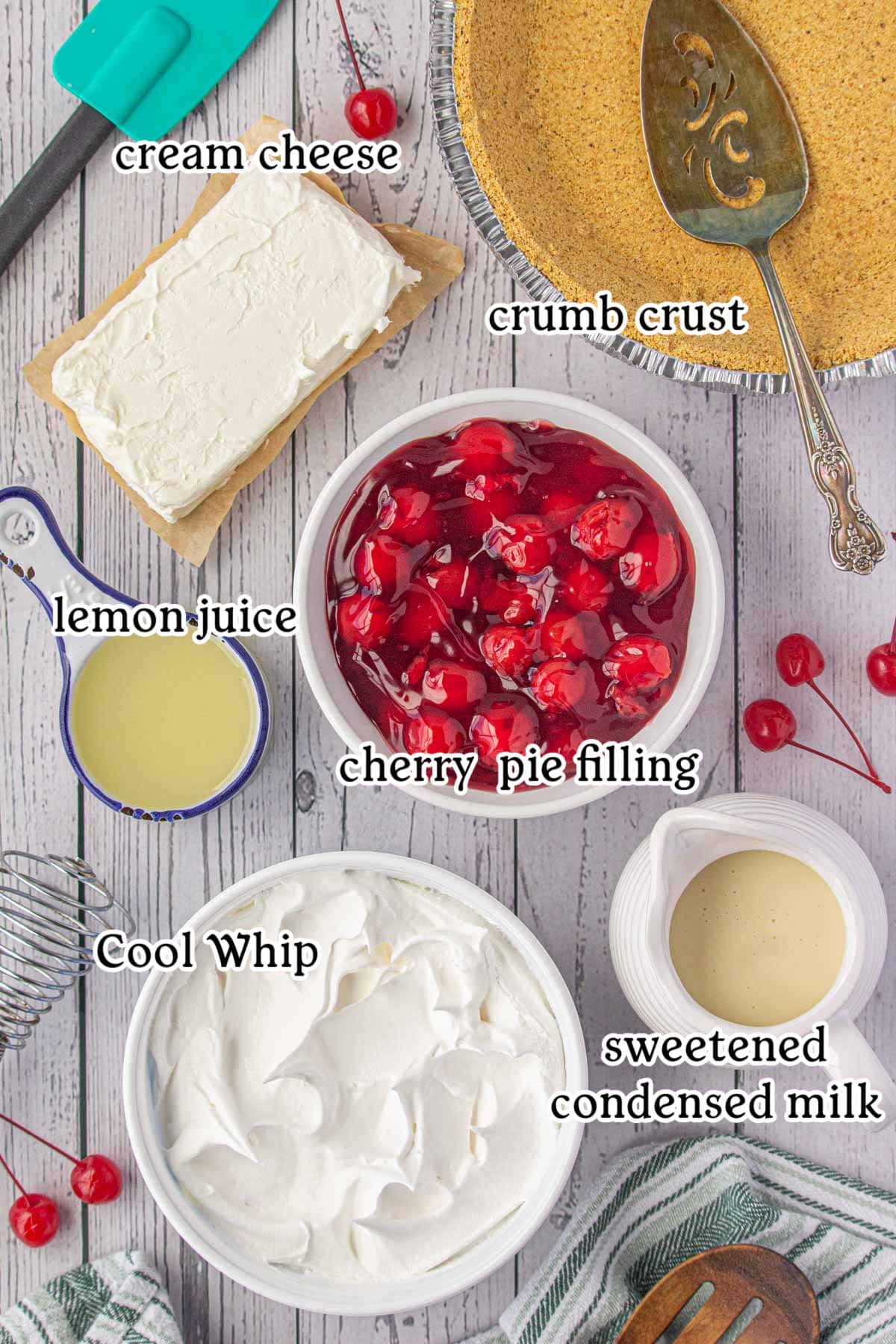 Cherry icebox pie recipe ingredients with text labels.