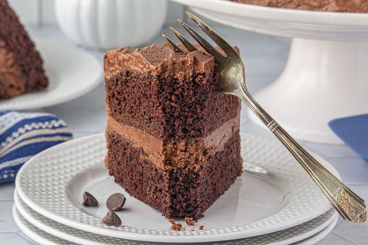 A slice of chocolate cake on a plate.