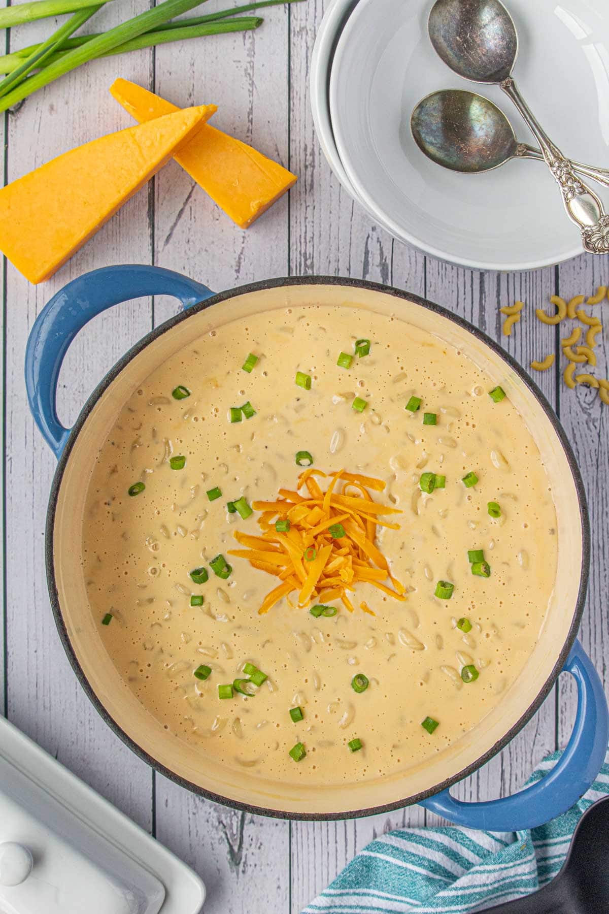 The completed creamy macaroni and cheese soup.