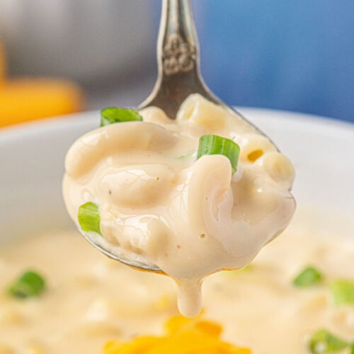 A spoonful of creamy macaroni and cheese soup dripping with creamy broth.