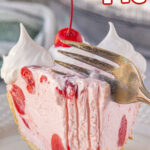 A slice of cherry icebox pie being cut with a fork with a title text overlay for Pinterest.