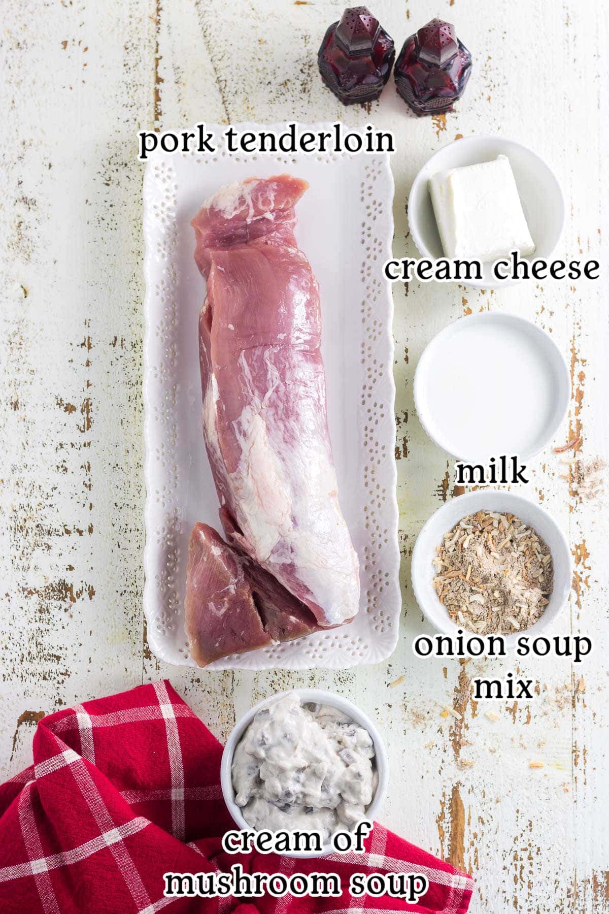 An overhead view of the recipe ingredients with text labels.