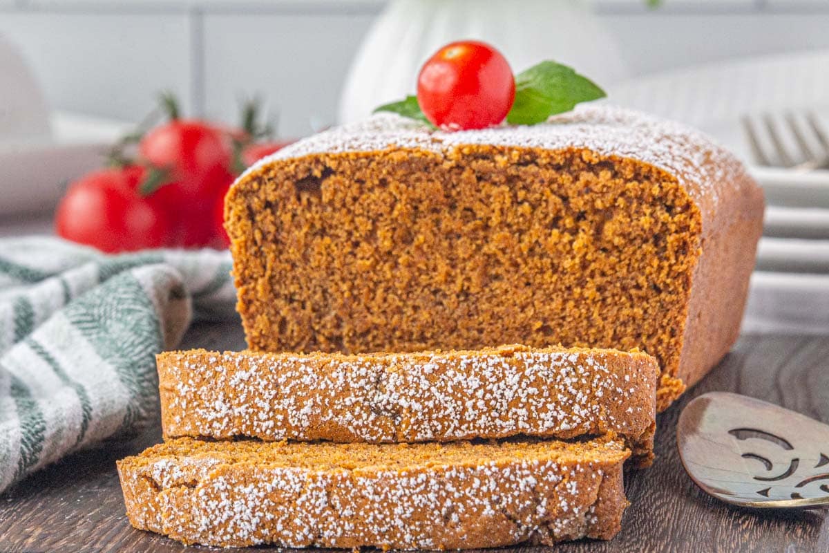 Close up of tomato cake slices.